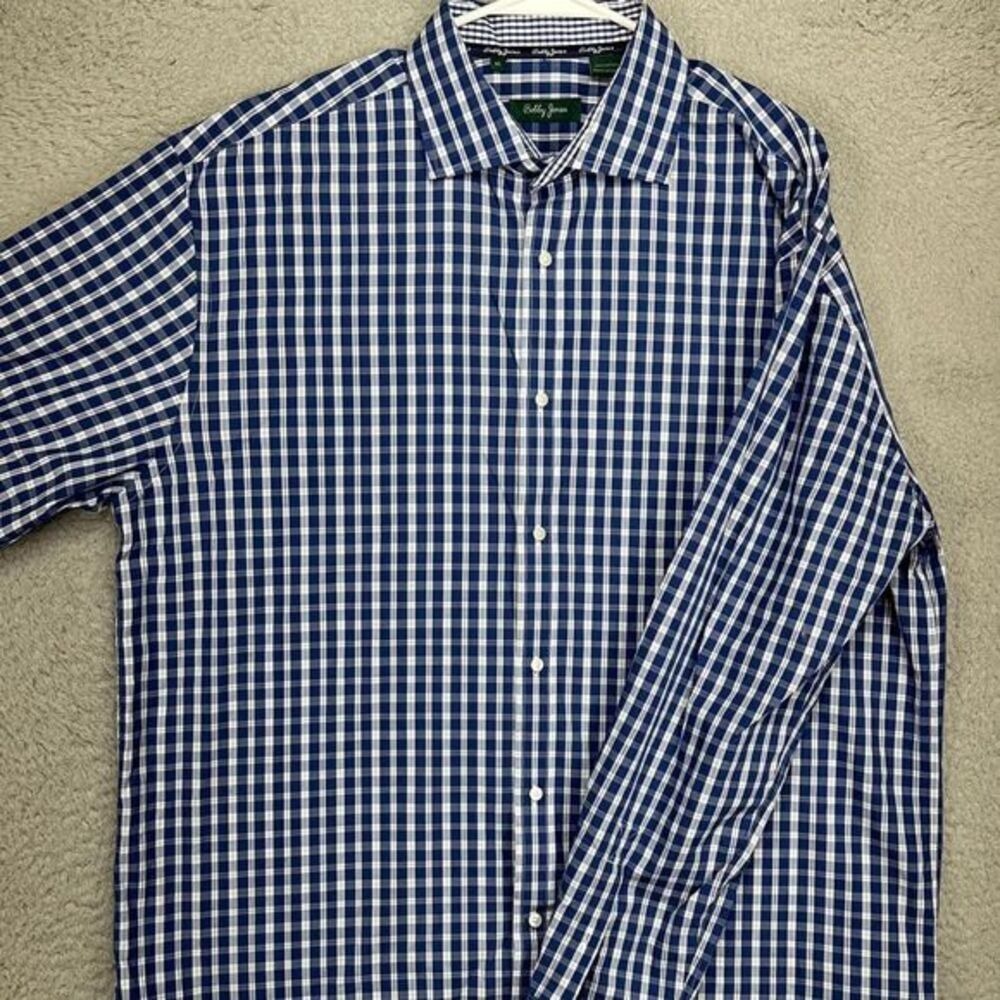 Bobby Jones Shirt Adult XL Blue White Plaid Cotton Button Up Long Sleeve Mens